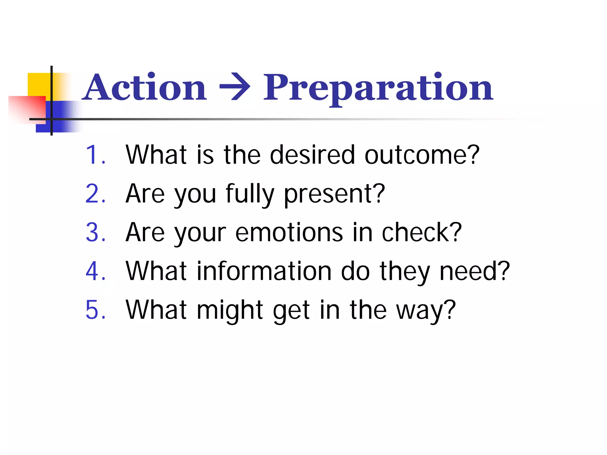 Action         Preparation
1.   What is the desired outcome?
2.   Are you fully present?
3.   Are your emotions in check?
4.   What information do they need?
5.   What might get in the way?
 