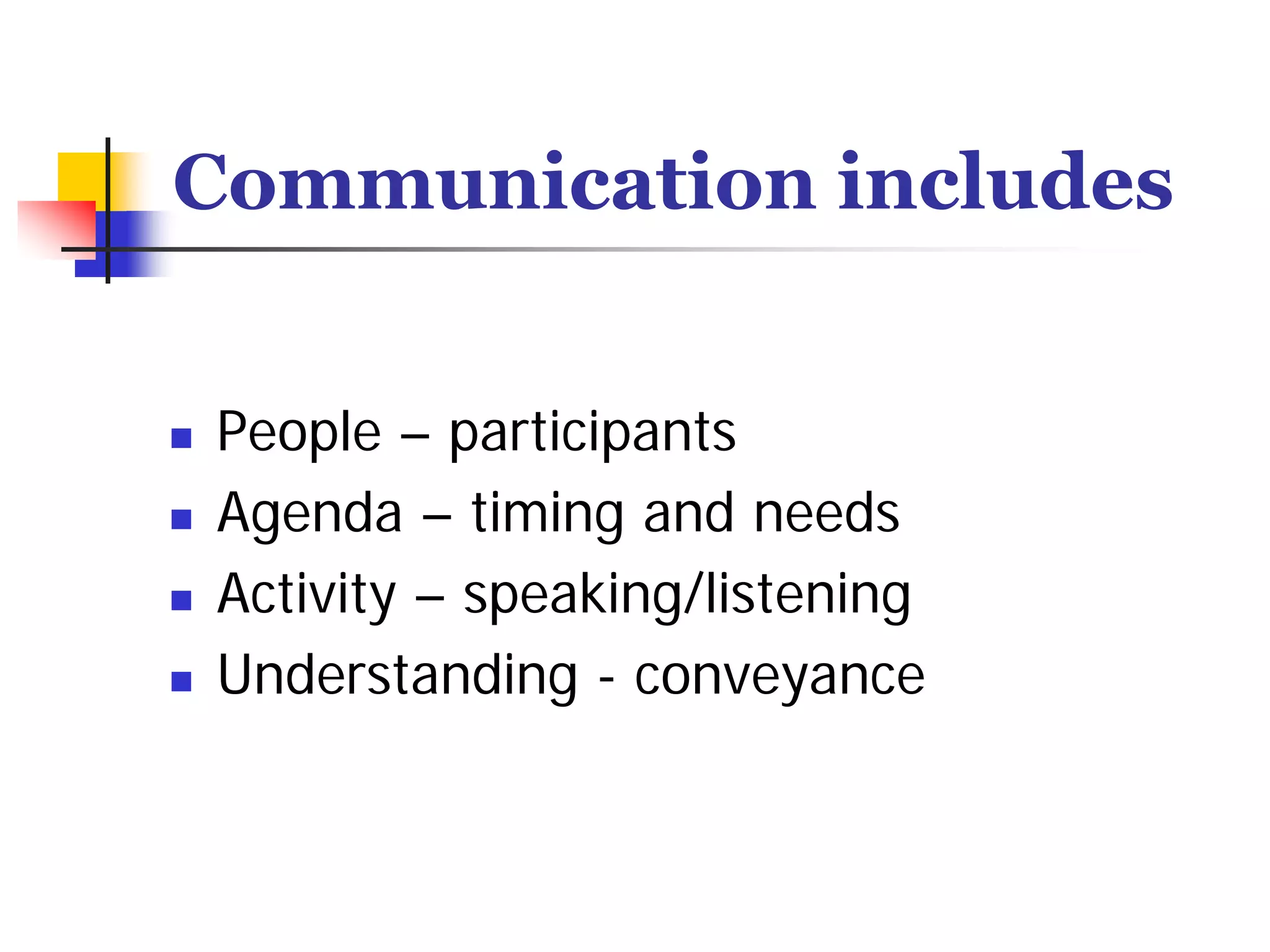 Communication includes


People – participants
Agenda – timing and needs
Activity – speaking/listening
Understanding - conveyance
 