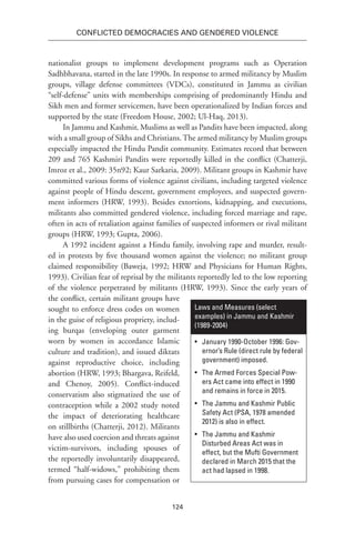 124
Conflicted Democracies and Gendered Violence
nationalist groups to implement development programs such as Operation
Sadhbhavana, started in the late 1990s. In response to armed militancy by Muslim
groups, village defense committees (VDCs), constituted in Jammu as civilian
“self-defense” units with memberships comprising of predominantly Hindu and
Sikh men and former servicemen, have been operationalized by Indian forces and
supported by the state (Freedom House, 2002; Ul-Haq, 2013).
In Jammu and Kashmir, Muslims as well as Pandits have been impacted, along
with a small group of Sikhs and Christians.The armed militancy by Muslim groups
especially impacted the Hindu Pandit community. Estimates record that between
209 and 765 Kashmiri Pandits were reportedly killed in the conflict (Chatterji,
Imroz et al., 2009: 35n92; Kaur Sarkaria, 2009). Militant groups in Kashmir have
committed various forms of violence against civilians, including targeted violence
against people of Hindu descent, government employees, and suspected govern-
ment informers (HRW, 1993). Besides extortions, kidnapping, and executions,
militants also committed gendered violence, including forced marriage and rape,
often in acts of retaliation against families of suspected informers or rival militant
groups (HRW, 1993; Gupta, 2006).
A 1992 incident against a Hindu family, involving rape and murder, result-
ed in protests by five thousand women against the violence; no militant group
claimed responsibility (Baweja, 1992; HRW and Physicians for Human Rights,
1993). Civilian fear of reprisal by the militants reportedly led to the low reporting
of the violence perpetrated by militants (HRW, 1993). Since the early years of
the conflict, certain militant groups have
sought to enforce dress codes on women
in the guise of religious propriety, includ-
ing burqas (enveloping outer garment
worn by women in accordance Islamic
culture and tradition), and issued diktats
against reproductive choice, including
abortion (HRW, 1993; Bhargava, Reifeld,
and Chenoy, 2005). Conflict-induced
conservatism also stigmatized the use of
contraception while a 2002 study noted
the impact of deteriorating healthcare
on stillbirths (Chatterji, 2012). Militants
have also used coercion and threats against
victim-survivors, including spouses of
the reportedly involuntarily disappeared,
termed “half-widows,” prohibiting them
from pursuing cases for compensation or
Laws and Measures (select
examples) in Jammu and Kashmir
(1989-2004)
•	 January 1990-October 1996: Gov-
ernor’s Rule (direct rule by federal
government) imposed.
•	 The Armed Forces Special Pow-
ers Act came into effect in 1990
and remains in force in 2015.
•	 The Jammu and Kashmir Public
Safety Act (PSA, 1978 amended
2012) is also in effect.
•	 The Jammu and Kashmir
Disturbed Areas Act was in
effect, but the Mufti Government
declared in March 2015 that the
act had lapsed in 1998.
 