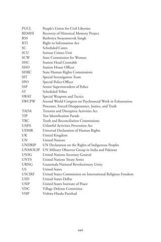 xxii
PUCL	 People’s Union for Civil Liberties
REMHI	 Recovery of Historical Memory Project
RSS	 Rashtriya Swayamsevak Sangh
RTI	 Right to Information Act
SC	 Scheduled Castes
SCU	 Serious Crimes Unit
SCW	 State Commission for Women
SHC	 Station Head Constable
SHO	 Station House Officer
SHRC	 State Human Rights Commissions
SIT	 Special Investigation Team
SPO	 Special Police Officer
SSP	 Senior Superintendent of Police
ST	 Scheduled Tribes
SWAT	 Special Weapons and Tactics
SWCPW	 Second World Congress on Psychosocial Work in Exhumation
Processes, Forced Disappearance, Justice, and Truth
TADA	 Terrorist and Disruptive Activities Act
TIP	 Test Identification Parade
TRC	 Truth and Reconciliation Commissions
UAPA	 Unlawful Activities Prevention Act
UDHR	 Universal Declaration of Human Rights
UK	 United Kingdom
UN	 United Nations
UNDRIP	 UN Declaration on the Rights of Indigenous Peoples
UNMOGIP	 UN Military Observer Group in India and Pakistan
UNSG	 United Nations Secretary General
UNTS	 United Nations Treaty Series
URNG	 Guatemala National Revolutionary Unity
US	 United States
USCIRF	 United States Commission on International Religious Freedom
USD	 United States Dollar
USIP	 United States Institute of Peace
VDC	 Village Defense Committee
VHP	 Vishwa Hindu Parishad
 