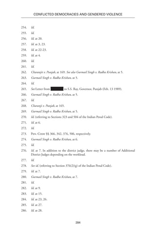 284
Conflicted Democracies and Gendered Violence
254.	 Id.
255.	 Id.
256.	 Id. at 20.
257.	 Id. at 3, 23.
258.	 Id. at 22-23.
259.	 Id. at 4.
260.	 Id.
261.	 Id.
262.	 Charanjit v. Punjab, at 169. See also Gurmail Singh v. Radha Krishan, at 5.
263.	 Gurmail Singh v. Radha Krishan, at 5.
264.	 Id.
265.	 See Letter from to S.S. Ray, Governor, Punjab (Feb. 13 1989).
266.	 Gurmail Singh v. Radha Krishan, at 5.
267.	 Id.
268.	 Charanji v. Punjab, at 165.
269.	 Gurmail Singh v. Radha Krishan, at 5.
270.	 Id. (referring to Sections 323 and 504 of the Indian Penal Code).
271.	 Id. at 6.
272.	 Id.
273.	 Pen. Code §§ 366, 342, 376, 506, respectively.
274.	 Gurmail Singh v. Radha Krishan, at 6.
275.	 Id.
276.	Id. at 7. In addition to the district judge, there may be a number of Additional
District Judges depending on the workload.
277.	Id.
278.	 See id. (referring to Section 376(2)(g) of the Indian Penal Code).
279.	 Id. at 7.
280.	 Gurmail Singh v. Radha Krishan, at 7.
281.	 Id.
282.	 Id. at 9.
283.	 Id. at 15.
284.	 Id. at 23, 26.
285.	 Id. at 27.
286.	 Id. at 28.
 