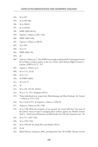 290
Conflicted Democracies and Gendered Violence
394.	 Id. at 497.
395.	 Id. at 499-500.
396.	 Id. at 500-01.
397.	 Id. at 503-06.
398.	 HRW (2002: 60-61).
399.	 Gujarat v. Chhara, at 482, 1530.
400.	 HRW (2002: 648).
401.	 Gujarat v. Chhara, at 380-81.
402.	 Id. at 502.
403.	 Id. at 14.
404.	 HRW (2002: 49).
405.	 Id.
406.	 Gujaratv.Chhara,at17.TheNHRChasstronglycondemnedthe Gujarat government
for its failure to deliver justice to the riot victims. Nat’l Human Rights Comm’n v.
Gujarat, (2009) 6 S.C.C. 767.
407.	 Gujarat v. Chhara, at 31.
408.	 Id. at 1-11, 23-24.
409.	 Id. at 1-11.
410.	 See HRW (2003).
411.	 Id. at 26-77.
412.	 Id.
413.	 Id. at 156, 181-82, 263-65.
414.	 Id. at 1-11, 1911. Dasgupta (2012).
415.	 These individuals were respectively, Babu Bajrangi and Maya Kodnani. See Gujarat
v. Chhara, at 1914, 1919.
416.	 Pen. Code § 315. See Gujarat v. Chhara, at 1694-95.
417.	 Gujarat v. Chhara, at 259, 1708.
418.	 Id. at 1708. With the exception of one accused, the Court held that “[i]n none of
the [other] case[s] of rape or outraging [the] modesty against any Muslim woman
[has] it…[been] proved beyond reasonable doubt as to who the tormentor was.” Id.
419.	 Id. at 771, 1697-1709.
420.	 Id. at 1702-1703.
421.	 Id. at 1965-66. See Daily News and Analysis (2013).
422.	 See id.
423.	 Rahul Sharma, testimony, 2004, and deposition date 30.10.2004. Sharma was the
 