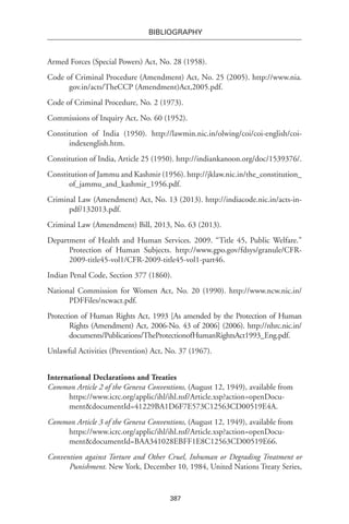 387
BIBLIOGRAPHY
Armed Forces (Special Powers) Act, No. 28 (1958).
Code of Criminal Procedure (Amendment) Act, No. 25 (2005). http://www.nia.
gov.in/acts/TheCCP (Amendment)Act,2005.pdf.
Code of Criminal Procedure, No. 2 (1973).
Commissions of Inquiry Act, No. 60 (1952).
Constitution of India (1950). http://lawmin.nic.in/olwing/coi/coi-english/coi-
indexenglish.htm.
Constitution of India, Article 25 (1950). http://indiankanoon.org/doc/1539376/.
Constitution of Jammu and Kashmir (1956). http://jklaw.nic.in/the_constitution_
of_jammu_and_kashmir_1956.pdf.
Criminal Law (Amendment) Act, No. 13 (2013). http://indiacode.nic.in/acts-in-
pdf/132013.pdf.
Criminal Law (Amendment) Bill, 2013, No. 63 (2013).
Department of Health and Human Services. 2009. “Title 45, Public Welfare.”
Protection of Human Subjects. http://www.gpo.gov/fdsys/granule/CFR-
2009-title45-vol1/CFR-2009-title45-vol1-part46.
Indian Penal Code, Section 377 (1860).
National Commission for Women Act, No. 20 (1990). http://www.ncw.nic.in/
PDFFiles/ncwact.pdf.
Protection of Human Rights Act, 1993 [As amended by the Protection of Human
Rights (Amendment) Act, 2006-No. 43 of 2006] (2006). http://nhrc.nic.in/
documents/Publications/TheProtectionofHumanRightsAct1993_Eng.pdf.
Unlawful Activities (Prevention) Act, No. 37 (1967).
International Declarations and Treaties
Common Article 2 of the Geneva Conventions, (August 12, 1949), available from
https://www.icrc.org/applic/ihl/ihl.nsf/Article.xsp?action=openDocu-
ment&documentId=41229BA1D6F7E573C12563CD00519E4A.
Common Article 3 of the Geneva Conventions, (August 12, 1949), available from
https://www.icrc.org/applic/ihl/ihl.nsf/Article.xsp?action=openDocu-
ment&documentId=BAA341028EBFF1E8C12563CD00519E66.
Convention against Torture and Other Cruel, Inhuman or Degrading Treatment or
Punishment. New York, December 10, 1984, United Nations Treaty Series,
 