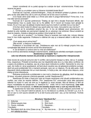 Uneori consideraţi că nu puteţi ajunge la o soluţie de tipul victorie/victorie. Puteţi avea
rezerve de genul:
1. Ce faci cu un prieten care nu întoarce niciodată binele făcut?
Încercaţi să îi spuneţi „victorie/înfrângere „ Vreau să rămânem prieteni şi găsesc că este
greu sa fac asta atâta timp cât nu simt că primesc de la tine ceva în schimb”.
2.Ce faceţi când aveţi relaţii cu o firmă care este în pragul falimentului? Firma dvs. îi va
mai oferi servicii prompte?
Încercaţi să îi spuneţi partenerului ”Înţeleg că eşti într-o situaţie financiară dificilă, dar
întreprinderea mea nu poate risca să nu fie plătită. Voi fi nevoit să încasez bani gheaţă la
livrare. Îţi va fi mai uşor să plăteşti imediat dacă ţi-aş livra marfa în cantităţi mici şi mai des?”
3.Ce faci când rivalul (în afaceri sau sport) este mai mare, mai puternic sau mai bun?
Încearcă să îţi consolidezi propriul tău joc, în loc să slăbeşti jocul adversarului. Un
student la arte marţiale era permanent depăşit de un adversar mai antrenat. Elevul amărât se
duce la maestru. Acesta a desenat pe podea o linie lungă de 2 metri.
„Cum poţi să o scurtezi?”, l-a întrebat. Elevul a avansat mai multe idei, inclusiv tăierea
liniei în mai multe segmente. Profesorul a clătinat din cap şi a desenat alături o altă linie, mai
lungă:
„Cum apare acum prima linie?”
„Mai scurtă”, a răspuns învăţăcelul.
Profesorul a încuviinţat din cap: „Întotdeauna este mai să îţi măreşti propria linie sau
cunoştinţele tale decât să încerci să tai linia adversarului”.
4. Ce să facem cu cineva care nu vrea să colaboreze?
Se va continua abordarea strategiei victorie/victorie, arătându-le celorlalţi avantajele cooperării.
Aserţiunea şi mesajele “Eu”:
cele mai eficiente maniere de prevenţie şi rezolvare a neplăcerilor interpersonale
Este nevoie de curaj să comunici clar în conflict, să-ţi prezinţi mesajul cu tărie, clar şi, în acelaşi
timp, respectuos. Probabil că tendinţa cea mai răspândită este de a nu iniţia deloc conflictul, de
a spera că problema va dipărea, sau de a face aluzii indirecte la conflict. Oamenilor le vine mai
uşor, de multe ori, să-şi şuşotească, să facă aluzii caustice sau să găsească probleme surogat,
decît să pună problemele într-o manieră serioasă, care cer un răspuns. Pe de altă parte, mulţi
disputanţi ridică problemele într-un mod dramatic, în forţă şi clar, dar refuză orice răspuns, orice
dialog şi orice interacţiune.
Ridicarea productivă a problemelor e mai mult o chestiune de atitudine, decît de tehnică.
Şi totuşi, vă putem propune o tehnică specială, numită “Aserţiunea EU”.
Aserţiunea EU este o frază prin care se începe rezolvarea unei situaţii problematice sau
conflict, sau chiar se rezolvă definitiv. Prin “aserţiunea EU” comunicăm ceva altei persoane
referitor la modul în care mă simt eu în legătură cu acea situaţie, fără să blamez şi fără să
impun modalitatea de soluţionare. O “aserţiune Eu” arată, într-un mod impersonal, care este
situaţia ce mă incomodează, ce efecte are aceasta asupra mea şi cum aş vrea EU să fie.
În aserţiunea EU totul este centrat pe mine. De aceea, voi evita categoric pronumele “tu”
sau “dv.”. “Eu nu mai pot fi atent la calcule, eu nu mă descurc cu clienţii, eu mă tem” ş.a. m.d. În
nici un caz nu vom spune celuilalt că “tu ai dat muzica prea tare”, sau, şi mai neindicat, “Închide
aparatul”.
Structura “Aserţiunii Eu”
1. Acţiunea
2. Efectul asupra mea
3. Cauza, motivele.
Facultativ:
4. Rezultatul dorit de mine (Ceea ce aş
dori referitor la mine)
1. Cînd…
2. Simt /sunt…
3. Deoarece…
Facultativ:
4. Aş vrea ca eu … [în nici un caz nu “tu”]
 