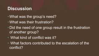Discussion
• What was the group’s need?
• What was their frustration?
• Did the need of one group result in the frustration
of another group?
• What kind of conflict was it?
• What factors contributed to the escalation of the
conflict?
 
