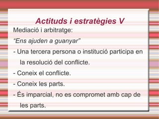 Actituds i estratègies III L'evasió: “ Tu perds, jo perdo ” - Cap de les dues parts afronta el problema. - El conflicte queda latent amb el risc d'enquistar-se. 