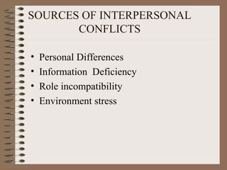 SOURCES OF INTERPERSONAL
CONFLICTS
• Personal Differences
• Information Deficiency
• Role incompatibility
• Environment stress
 