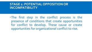 STAGE 1: POTENTIAL OPPOSITION OR
INCOMPATIBILITY
The first step in the conflict process is the
presence of conditions that create opportunities
for conflict to develop. These cause or create
opportunities for organizational conflict to rise.
 