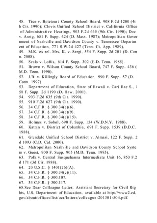 48. Tice v. Botetourt County School Board, 908 F.2d 1200 (4t
h Cir. 1990); Clovis Unified School District v. California Office
of Administrative Hearings, 903 F.2d 635 (9th Cir. 1990); Doe
v. Anrig, 651 F. Supp. 424 (D. Mass. 1987); Metropolitan Gover
nment of Nashville and Davidson County v. Tennessee Departm
ent of Education, 771 S.W.2d 427 (Tenn. Ct. App. 1989).
49. M.K. ex rel. Mrs. K. v. Sergi, 554 F. Supp. 2d 201 (D. Con
n. 2008).
50. Seals v. Loftis, 614 F. Supp. 302 (E.D. Tenn. 1985).
51. Brown v. Wilson County School Board, 747 F. Supp. 436 (
M.D. Tenn. 1990).
52. J.B. v. Killingly Board of Education, 990 F. Supp. 57 (D.
Conn. 1997).
53. Department of Education, State of Hawaii v. Cari Rae S., 1
58 F. Supp. 2d 1190 (D. Haw. 2001).
54. 903 F.2d 635 (9th Cir. 1990).
55. 910 F.2d 627 (9th Cir. 1990).
56. 34 C.F.R. § 300.34(c)(6).
57. 34 C.F.R. § 300.34(c)(9).
58. 34 C.F.R. § 300.34(c)(15).
59. Holmes v. Sobol, 690 F. Supp. 154 (W.D.N.Y. 1988).
60. Kattan v. District of Columbia, 691 F. Supp. 1539 (D.D.C.
1988).
61. Glendale Unified School District v. Almasi, 122 F. Supp. 2
d 1093 (C.D. Cal. 2000).
62. Metropolitan Nashville and Davidson County School Syste
m v. Guest, 900 F. Supp. 905 (M.D. Tenn. 1995).
63. Polk v. Central Susquehanna Intermediate Unit 16, 853 F.2
d 171 (3d Cir. 1988).
64. 20 U.S.C. § 1401(26)(A).
65. 34 C.F.R. § 300.34(c)(11).
66. 34 C.F.R. § 300.107.
67. 34 C.F.R. § 300.117.
68.See Dear Colleague Letter, Assistant Secretary for Civil Rig
hts, U.S. Department of Education, available at http://www2.ed.
gov/about/offices/list/ocr/letters/colleague-201301-504.pdf.
 