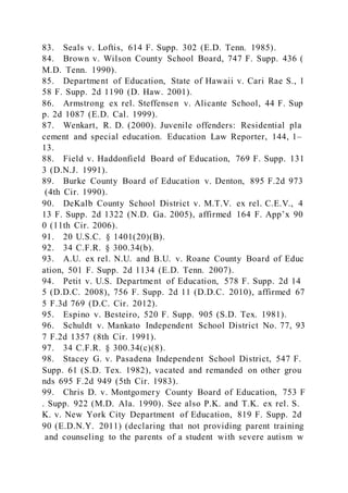 83. Seals v. Loftis, 614 F. Supp. 302 (E.D. Tenn. 1985).
84. Brown v. Wilson County School Board, 747 F. Supp. 436 (
M.D. Tenn. 1990).
85. Department of Education, State of Hawaii v. Cari Rae S., 1
58 F. Supp. 2d 1190 (D. Haw. 2001).
86. Armstrong ex rel. Steffensen v. Alicante School, 44 F. Sup
p. 2d 1087 (E.D. Cal. 1999).
87. Wenkart, R. D. (2000). Juvenile offenders: Residential pla
cement and special education. Education Law Reporter, 144, 1–
13.
88. Field v. Haddonfield Board of Education, 769 F. Supp. 131
3 (D.N.J. 1991).
89. Burke County Board of Education v. Denton, 895 F.2d 973
(4th Cir. 1990).
90. DeKalb County School District v. M.T.V. ex rel. C.E.V., 4
13 F. Supp. 2d 1322 (N.D. Ga. 2005), affirmed 164 F. App’x 90
0 (11th Cir. 2006).
91. 20 U.S.C. § 1401(20)(B).
92. 34 C.F.R. § 300.34(b).
93. A.U. ex rel. N.U. and B.U. v. Roane County Board of Educ
ation, 501 F. Supp. 2d 1134 (E.D. Tenn. 2007).
94. Petit v. U.S. Department of Education, 578 F. Supp. 2d 14
5 (D.D.C. 2008), 756 F. Supp. 2d 11 (D.D.C. 2010), affirmed 67
5 F.3d 769 (D.C. Cir. 2012).
95. Espino v. Besteiro, 520 F. Supp. 905 (S.D. Tex. 1981).
96. Schuldt v. Mankato Independent School District No. 77, 93
7 F.2d 1357 (8th Cir. 1991).
97. 34 C.F.R. § 300.34(c)(8).
98. Stacey G. v. Pasadena Independent School District, 547 F.
Supp. 61 (S.D. Tex. 1982), vacated and remanded on other grou
nds 695 F.2d 949 (5th Cir. 1983).
99. Chris D. v. Montgomery County Board of Education, 753 F
. Supp. 922 (M.D. Ala. 1990). See also P.K. and T.K. ex rel. S.
K. v. New York City Department of Education, 819 F. Supp. 2d
90 (E.D.N.Y. 2011) (declaring that not providing parent training
and counseling to the parents of a student with severe autism w
 