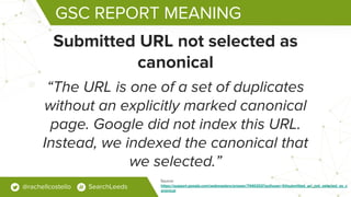 GSC REPORT MEANING
Submitted URL not selected as
canonical
“The URL is one of a set of duplicates
without an explicitly ma...