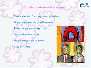 Conflict is destructive when it •  Takes attention from important activities •  Undermines morale or self-esteem •  Polarizes people and groups •  Jeopardizes teamwork •  Leads to negative behavior •  Creates stress 