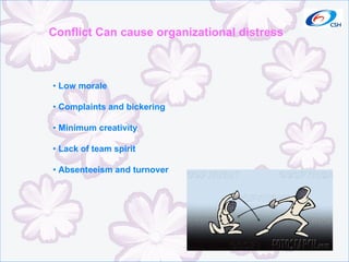 Conflict Can cause organizational distress •  Low morale •  Complaints and bickering •  Minimum creativity •  Lack of team spirit •  Absenteeism and turnover 