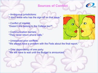 Sources of Conflict •  Ambiguous jurisdictions: “ I don’t know who has the sign off on that issue.” •  Conflict of interest: “ Doesn’t she belong to the College too?” •  Communication barriers: “ They never return phone calls.” •  Unresolved prior conflicts: “ We always have a problem with the Feds about the final report.” •  Over dependency of one party: “ We will have to wait until the Budget is announced.” 