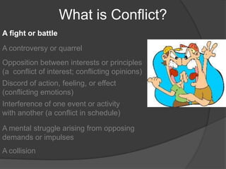 What is Conflict?A fight or battleA controversy or quarrelOpposition between interests or principles (a  conflict of interest; conflicting opinions)Discord of action, feeling, or effect (conflicting emotions)Interference of one event or activity with another (a conflict in schedule)A mental struggle arising from opposing demands or impulsesA collision	
