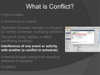 What is Conflict?A fight or battleA controversy or quarrelOpposition between interests or principles (a  conflict of interest; conflicting opinions)Discord of action, feeling, or effect (conflicting emotions)Interference of one event or activity with another (a conflict in schedule)A mental struggle arising from opposing demands or impulsesA collision	