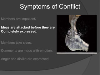 Symptoms of ConflictMembers are impatient.Ideas are attacked before they are Completely expressed.Members take sides.Comments are made with emotion.Anger and dislike are expressed