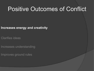 Positive Outcomes of ConflictIncreases energy and creativityClarifies ideasIncreases understandingImproves ground rules