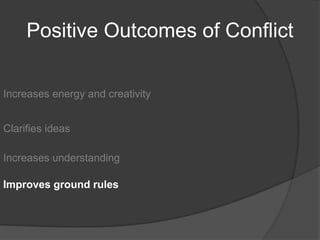 Positive Outcomes of ConflictIncreases energy and creativityClarifies ideasIncreases understandingImproves ground rules