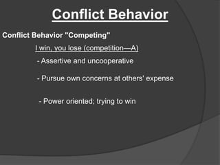 Conflict BehaviorConflict Behavior "Competing"I win, you lose (competition—A)- Assertive and uncooperative- Pursue own concerns at others' expense- Power oriented; trying to win