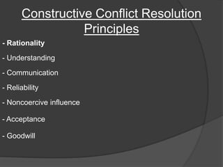 Constructive Conflict Resolution Principles- Rationality- Understanding- Communication- Reliability- Noncoerciveinfluence- Acceptance- Goodwill