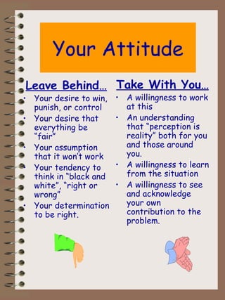 Your Attitude Leave Behind… Your desire to win, punish, or control Your desire that everything be “fair” Your assumption that it won’t work Your tendency to think in “black and white”, “right or wrong” Your determination to be right. Take With You… A willingness to work at this An understanding that “perception is reality” both for you and those around you. A willingness to learn from the situation A willingness to see and acknowledge your own contribution to the problem. 