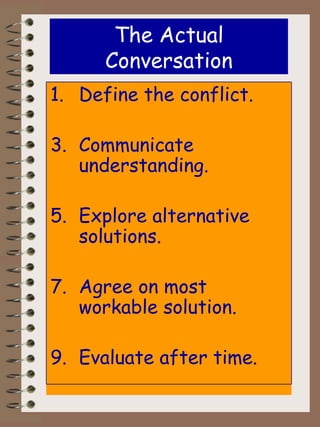 The Actual Conversation Define the conflict. Communicate understanding. Explore alternative solutions. Agree on most workable solution. Evaluate after time. 