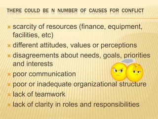 THERE COULD BE N NUMBER OF CAUSES FOR CONFLICT


 scarcity of resources (finance, equipment,
  facilities, etc)
 different attitudes, values or perceptions

 disagreements about needs, goals, priorities
  and interests
 poor communication

 poor or inadequate organizational structure

 lack of teamwork

 lack of clarity in roles and responsibilities
 