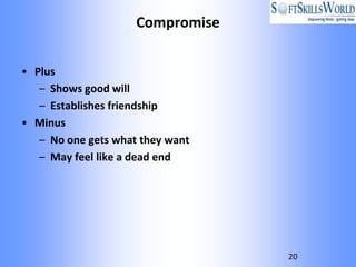 Compromise


• Plus
   – Shows good will
   – Establishes friendship
• Minus
   – No one gets what they want
   – May feel like a dead end




                                  20
 