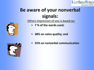 Be aware of your nonverbal
         signals:
   Others impression of you is based on:
     • 7 % of the words used;

     • 38% on voice quality; and

     • 55% on nonverbal communication
 