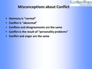 Misconceptions about Conflict

•   Harmony is “normal”
•   Conflict is “abnormal”
•   Conflicts and disagreements are the same
•   Conflict is the result of “personality problems”
•   Conflict and anger are the same
 
