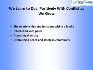 We Learn to Deal Positively With Conflict as
                We Grow


•   The relationships and functions within a family
•   Interaction with peers
•   Accepting diversity
•   Establishing peace and safety in community
 
