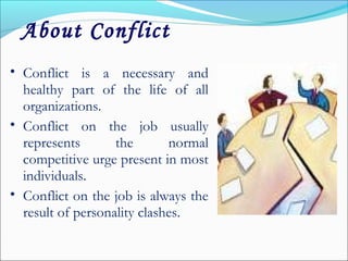 • Conflict is a necessary and
healthy part of the life of all
organizations.
• Conflict on the job usually
represents the normal
competitive urge present in most
individuals.
• Conflict on the job is always the
result of personality clashes.
About Conflict
 