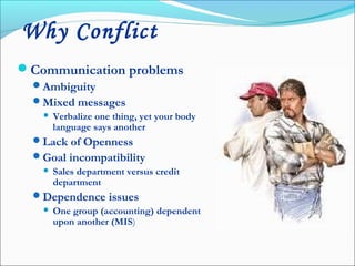 Communication problems
Ambiguity
Mixed messages
 Verbalize one thing, yet your body
language says another
Lack of Openness
Goal incompatibility
 Sales department versus credit
department
Dependence issues
 One group (accounting) dependent
upon another (MIS)
Why Conflict
 