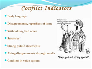 Body language
Disagreements, regardless of issue
Withholding bad news
Surprises
Strong public statements
Airing disagreements through media
Conflicts in value system
Conflict Indicators
 