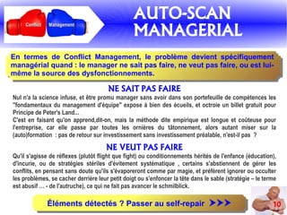 10
ManagementManagementConflictConflict
AUTO-SCAN
MANAGERIAL
En termes de Conflict Management, le problème devient spécifiquement
managérial quand : le manager ne sait pas faire, ne veut pas faire, ou est lui-
même la source des dysfonctionnements.
NE SAIT PAS FAIRE
Nul n'a la science infuse, et être promu manager sans avoir dans son portefeuille de compétences les
''fondamentaux du management d'équipe'' expose à bien des écueils, et octroie un billet gratuit pour
Principe de Peter's Land...
C'est en faisant qu'on apprend,dit-on, mais la méthode dite empirique est longue et coûteuse pour
l'entreprise, car elle passe par toutes les ornières du tâtonnement, alors autant miser sur la
(auto)formation : pas de retour sur investissement sans investissement préalable, n'est-il pas ?
NE VEUT PAS FAIRE
Qu'il s'agisse de réflexes (plutôt flight que fight) ou conditionnements hérités de l'enfance (éducation),
d'incurie, ou de stratégies stériles d'évitement systématique , certains s'abstiennent de gérer les
conflits, en pensant sans doute qu'ils s'évaporeront comme par magie, et préfèrent ignorer ou occulter
les problèmes, se cacher derrière leur petit doigt ou s'enfoncer la tête dans le sable (stratégie – le terme
est abusif … - de l'autruche), ce qui ne fait pas avancer le schmilblick.
Éléments détectés ? Passer au self-repair Éléments détectés ? Passer au self-repair 
 