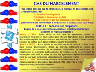 40
CAS DU HARCELEMENT
*http://www.legifrance.gouv.fr/affichIDCCArticle.do?
cidTexte=KALITEXT000024891132&idArticle=KALIARTI000024891136&dateTexte=20111201&categorieLien=cid
SED LEX : connaître ses obligations
En plus de la loi,les conventions collectives* et règlements intérieurs
rappellent les règles applicables :
Article L1152-1 : Aucun salarie ne doit subir les agissements répétés de
harcèlement moral qui ont pour objet ou pour effet une dégradation de ses conditions
de travail susceptible de porter atteinte a ses droits et a sa dignité, d’altérer sa sante
physique ou mentale ou de compromettre son avenir professionnel.
Article L1152-2 : Aucun salarie ne peut être sanctionné, licencié ou faire l'objet
d'une mesure discriminatoire, directe ou indirecte, notamment en matière de
rémunération, de formation, de reclassement, d'affectation, de qualification, de
classification, de promotion professionnelle, de mutation ou de renouvellement de
contrat pour avoir subi ou refuse de subir des agissements répétés de harcèlement
moral ou pour avoir témoigné de tels agissements ou les avoir relatés.
Article L1152-3 : Toute rupture du contrat de travail intervenue en
méconnaissance des dispositions des articles L. 1152-1 et L. 1152-2, toute
disposition ou tout acte contraire est nul.
Plus encore dans les cas de harcèlement, le manager en prise directe avec
la réalité des faits, doit :
1) connaître ses obligations
2) analyser et documenter les faits
3) faire remonter le cas aux dirigeants, au service juridique,
qui décideront des interventions à tenir (lancement de procédure, recours expert Anact)
 