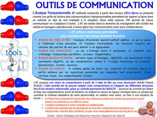 45
OUTILS DE COMMUNICATION
L'AT utilise 4 méthodes principales
pour comprendre les comportements humains:
● Analyse des états du Moi : l'analyse structurale (parent-enfant-adulte), ce qui se passe
à l'intérieur d'une personne, et l'analyse fonctionnelle, les fonctions remplies par
chacune des parties du moi pour aboutir à un égogramme.
● Analyse des transactions : ce qui s'échange entre 2 personnes, et comment cela
s'échange: transactions parallèles, croisées, tangentielles.
● Analyse des jeux et rackets : certains types d'échanges, répétitifs, qui aboutissent à des
sentiments négatifs, ou des manipulations comme le "triangle dramatique de Karpman"
(persécuteur, victime, sauveur).
● Analyse du scénario : le schéma global de notre vie, construit et renforcé depuis la
petite enfance par les injonctions parentales par lesquelles sont programmés, d'une
certaine façon, nos comportements actuels.
L'Analyse Transactionnelle, AT méthode construite à partir des travaux d'Éric Berne se présente
comme une grille de lecture des communications interpersonnelles permettant de repérer la façon dont
on sollicite un état du moi inadapté à la situation. Dans cette mesure, l'AT permet de mieux
communiquer en s'adaptant à l'autre. L'AT est entrée dans le domaine du management afin d'aider les
cadres et managers opérationnels à mieux gérer leur communication avec leurs collaborateurs.
D'après : Gestion Stratégique des Ressources Humaines, Magakian & alii, Bréal Ed.
L'AT propose une vision du comportement à partir de 3 états du Moi qui nous structurent (Adulte /Parent
/Enfant). L'idée centrale est de pouvoir adapter notre comportement en intégrant ces différentes structures
lors d'une situation relationnelle, grâce au contrôle permanent de l'ADULTE : structure de contrôle qui fédère
et lisse ces comportements, bruts de fonderie, en mettant en œuvre sa rigueur d'analyse dans un creuset qui
constitue la richesse adaptative de notre personnalité, en relation avec autrui, ou face à une situation de
travail. ● Le Parent est composé de l'ensemble des influences subies par toutes les personnes ayant
exercé une autorité ou un effet sur nous.
● L'adulte correspond à notre compétence intellectuelle.
● L'enfant est constitué par la résurgence de tous les comportements spontanés ou
réactionnels, inscrits dans l'enfance, et que nous réactualisons tout au long de la vie.
 