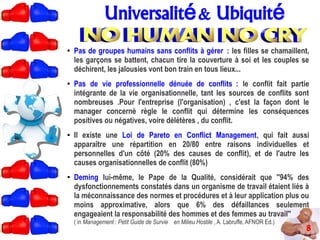 Universalité& Ubiquité
8
●
Pas de groupes humains sans conflits à gérer : les filles se chamaillent,
les garçons se battent, chacun tire la couverture à soi et les couples se
déchirent, les jalousies vont bon train en tous lieux...
● Pas de vie professionnelle dénuée de conflits : le conflit fait partie
intégrante de la vie organisationnelle, tant les sources de conflits sont
nombreuses .Pour l'entreprise (l'organisation) , c'est la façon dont le
manager concerné règle le conflit qui détermine les conséquences
positives ou négatives, voire délétères , du conflit.
● Il existe une Loi de Pareto en Conflict Management, qui fait aussi
apparaître une répartition en 20/80 entre raisons individuelles et
personnelles d'un côté (20% des causes de conflit), et de l'autre les
causes organisationnelles de conflit (80%)
● Deming lui-même, le Pape de la Qualité, considérait que ''94% des
dysfonctionnements constatés dans un organisme de travail étaient liés à
la méconnaissance des normes et procédures et à leur application plus ou
moins approximative, alors que 6% des défaillances seulement
engageaient la responsabilité des hommes et des femmes au travail''
( in Management : Petit Guide de Survie en Milieu Hostile , A. Labruffe, AFNOR Ed.)
 