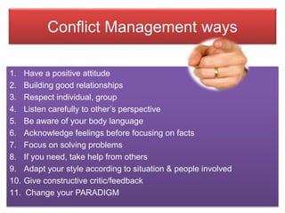 1. Have a positive attitude
2. Building good relationships
3. Respect individual, group
4. Listen carefully to other’s perspective
5. Be aware of your body language
6. Acknowledge feelings before focusing on facts
7. Focus on solving problems
8. If you need, take help from others
9. Adapt your style according to situation & people involved
10. Give constructive critic/feedback
11. Change your PARADIGM
Conflict Management ways
 