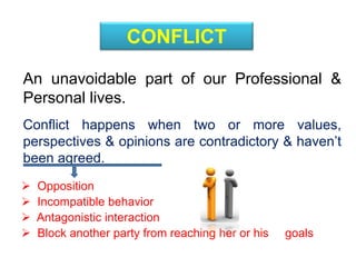 CONFLICT
An unavoidable part of our Professional &
Personal lives.
Conflict happens when two or more values,
perspectives & opinions are contradictory & haven’t
been agreed.
 Opposition
 Incompatible behavior
 Antagonistic interaction
 Block another party from reaching her or his goals
 