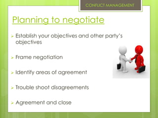 Planning to negotiate
 Establish your objectives and other party’s
objectives
 Frame negotiation
 Identify areas of agreement
 Trouble shoot disagreements
 Agreement and close
CONFLICT MANAGEMENT
 