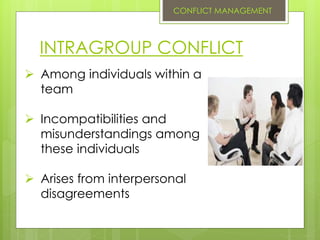 INTRAGROUP CONFLICT
 Among individuals within a
team
 Incompatibilities and
misunderstandings among
these individuals
 Arises from interpersonal
disagreements
CONFLICT MANAGEMENT
 