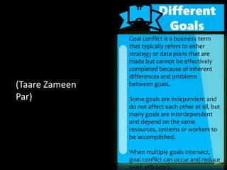 Goal conflict is a business term
that typically refers to either
strategy or data plans that are
made but cannot be effectively
completed because of inherent
differences and problems
between goals.
Some goals are independent and
do not affect each other at all, but
many goals are interdependent
and depend on the same
resources, systems or workers to
be accomplished.
When multiple goals intersect,
goal conflict can occur and reduce
work efficiency.
Different
Goals
#
2
(Taare Zameen
Par)
 