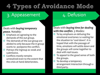 Deals with buying temporary
peace. Notably:
Emphasis on agreeing to the
demands of the out group.
The demands of the out group are
abided to only because the in group
wants to postpone the conflict.
Potrays the ingroup as weak and
submissive.
Conflicts mostly remains
unresolved even to the extent that
the crisis at hand deteriorates.
3. Appeasement
Deals with buying time for dealing
with the conflict. 3 Modes:
To lay emphasis on defusing the
emotional overtones i.e waiting for
the situation to 'cool down’. It is
hoped that with the passage of
time, emotions will settle down and
the groups will come together to
deal with real issues.
To appeal to the good sense of both
the groups.
To develop a temporary
arrangement interaction through a
third party.
4. Defusion
 