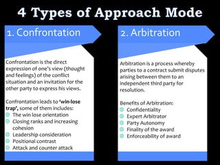 Confrontation is the direct
expression of one’s view (thought
and feelings) of the conflict
situation and an invitation for the
other party to express his views.
Confrontation leads to ‘win-lose
trap’, some of them includes:
The win lose orientation
Closing ranks and increasing
cohesion
Leadership consideration
Positional contrast
Attack and counter attack
1. Confrontation
Arbitration is a process whereby
parties to a contract submit disputes
arising between them to an
independent third party for
resolution.
Benefits of Arbitration:
Confidentiality
Expert Arbitrator
Party Autonomy
Finality of the award
Enforceability of award
2. Arbitration
 