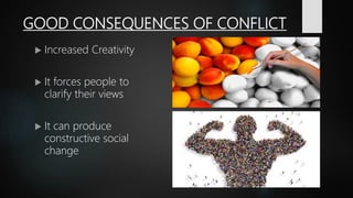 GOOD CONSEQUENCES OF CONFLICT
 Increased Creativity
 It forces people to
clarify their views
 It can produce
constructive social
change
 