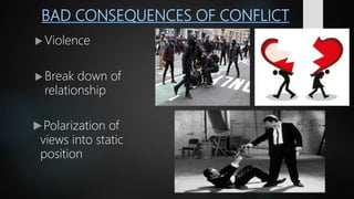 BAD CONSEQUENCES OF CONFLICT
 Violence
 Break down of
relationship
►Polarization of
views into static
position
 