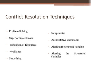 Conflict Resolution Techniques
• Problem Solving
• Super ordinate Goals
• Expansion of Resources
• Avoidance
• Smoothing
• Compromise
• Authoritative Command
• Altering the Human Variable
• Altering the Structural
Variables
 
