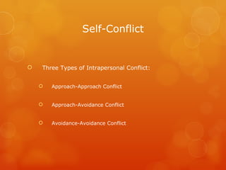 Self-Conflict Three Types of Intrapersonal Conflict: Approach-Approach Conflict Approach-Avoidance Conflict Avoidance-Avoidance Conflict 